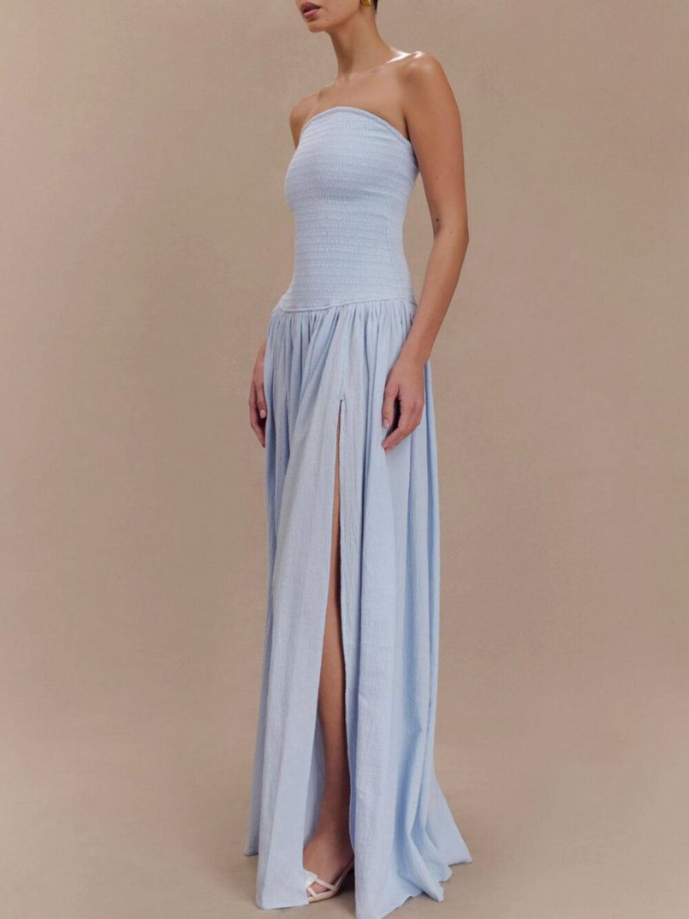 NWT Meshki Maureen Cotton Shirring Maxi Dress Gown Powder Blue Cocktail - Picture 3 of 8